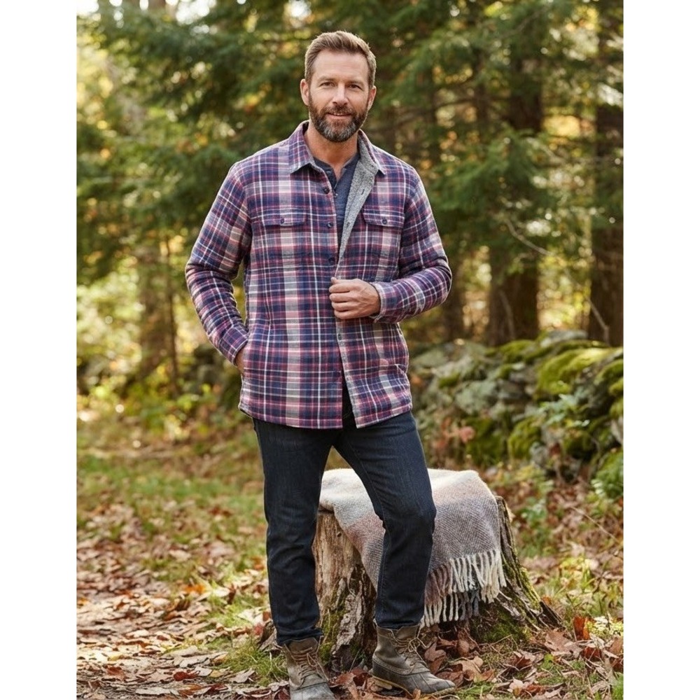 L.L. Bean Men's Large Red Blue Plaid Fleece Lined Flannel Shirt Jacket